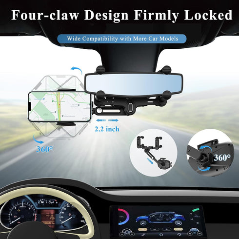 Car Phone Holder for Rearview Mirror, 360 Rotatable and Retractable, Fits 4.0-7.0 Inch Smartphones, Mirror-Black