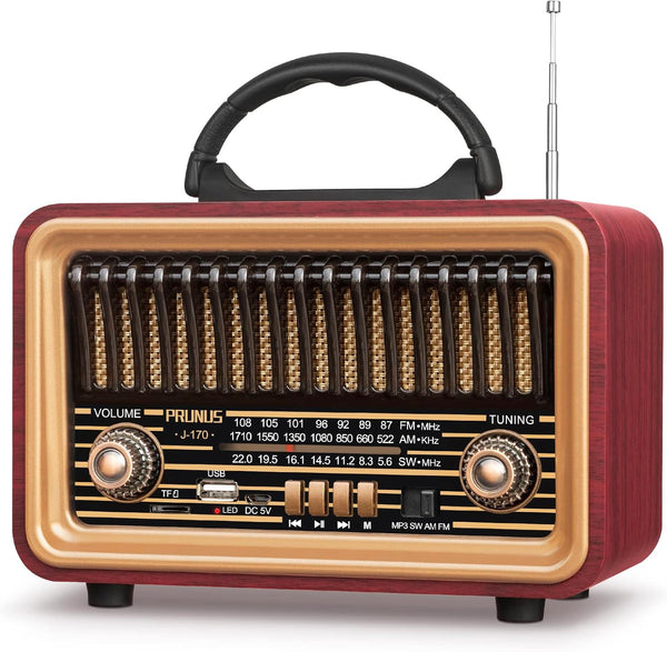 PRUNUS Retro Bluetooth Speakers, Vintage Decor, Small Wireless Stereo Radio, Portable AM FM with Rich Bass, USB/TF Card