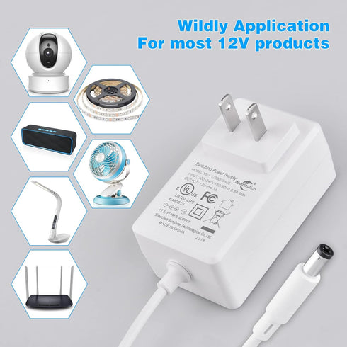 iNextStation 3A 12V Power Adapter Supply AC 100-240V to DC Transformer for LED Light Strip, LCD Monitor, Router