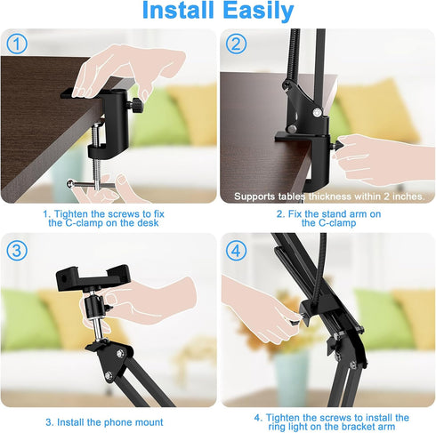Overhead Camera Mount with Ring Light, 6’’ Phone Mount for iPhone Camera Webcam, Articulating Arm