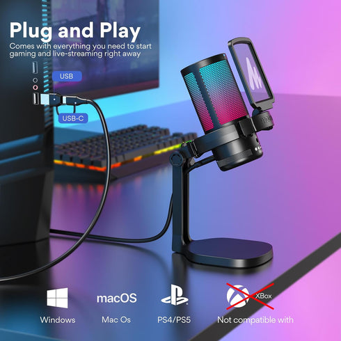 MAONO Gaming Microphone USB for PC, RGB Lights, Noise Cancellation Condenser Mic, Mute, Gain for Streaming, Recording,