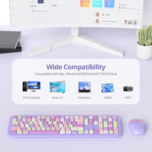 Typewriter Wireless Keyboard and Mouse Combo, 2.4G Office 104 Keys Retro Punk Keyboard, Cute Purple Silent Keyboard
