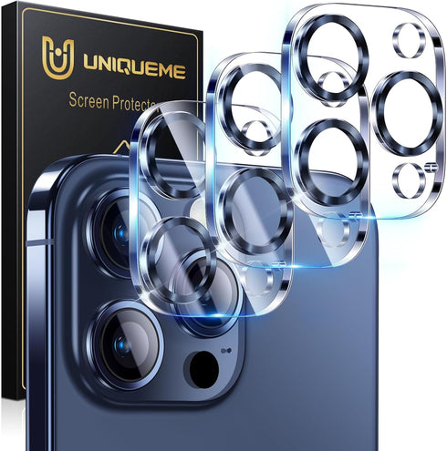 UniqueMe 3 Pack iPhone 15 Pro/Pro Max Camera Lens Protector, 9H Tempered Glass, Drop Protection, Case Friendly - Blue