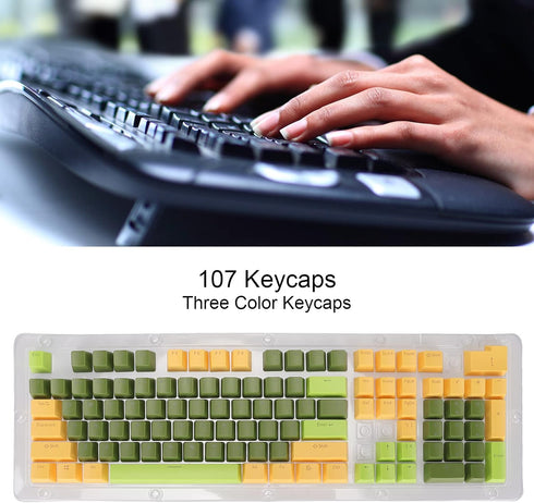 107 Keys Keycaps, Three Color Translucent Characters Arc Layout Mechanical Keyboard Ergonomic Keycaps (Dark Green)