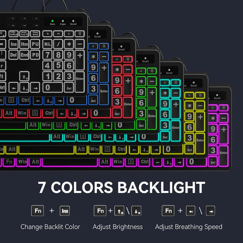 MARVO Large Print Backlit Keyboard, WK712 Wired Computer Keyboard with 7 Colors & 11 Modes for Windows, Mac