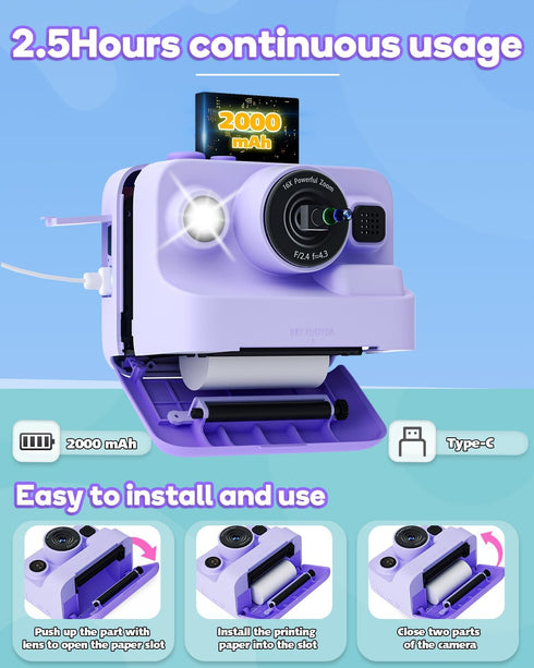 Dylanto Instant Print Camera for Kids, 2.4 Inch Screen, Portable Instant Cameras, Christmas Birthday Gifts for Girls
