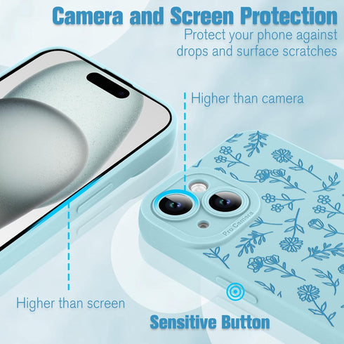 OOK Cute Flower Design Case for iPhone 15, Soft TPU Camera Lens Protective Cover - 6.1 Inch Blue