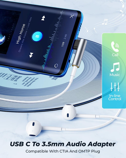 USB C to 3.5mm Audio Adapter, USB Type C to 3.5mm Female Headphone Jack Dongle Aux Adapter DAC Stereo HiFi Right Angle for iPhone 15 Pro Max/15 Pro/15 Plus, iPad Pro Air 5 4, Galaxy S24 Ultra S23