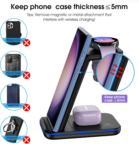 Fast Wireless Charging Station for Samsung/Android, Compatible with Galaxy S24/S23+/S22/Z Flip 6/5, Watch7/6/5/Pro