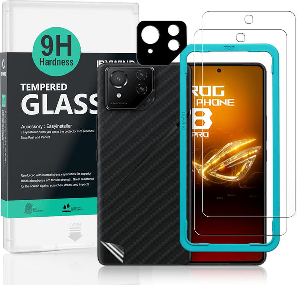 Ibywind 2 Pack Screen Protector for Asus ROG Phone 8 Pro 5G, 6.78", 9H Tempered Glass, Camera Lens & Back Film Included.