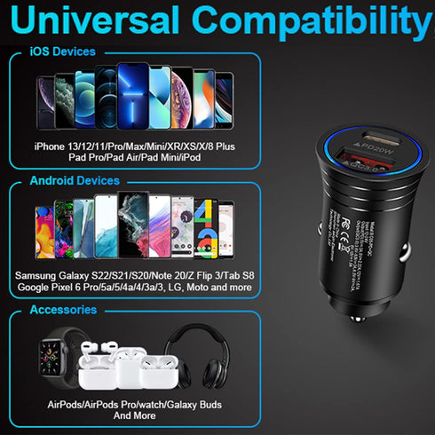 USB C Car Charger, 38W Fast Charge Adapter PD&QC 3.0 Dual Port Cigarette Lighter USB Plug for iPhone 15 14 13 12 11 Pro