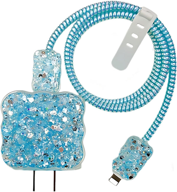 Cute Cable Protector, Bling Glitter Waves Edge Design for iPhone Charger, Luxury Soft Data Line Cover (Blue)