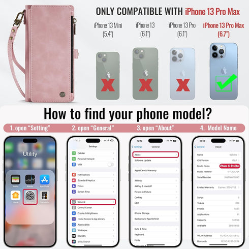 Defencase iPhone 13 Pro Max Wallet Case with RFID Blocking Card Holder, PU Leather Magnetic Snap Flip Zipper Strap