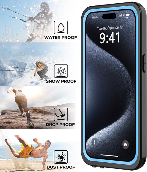 for iPhone 15 Pro Case Waterproof 6.1'', Full Protective Dustproof Shockproof Phone Case with Screen Protector (Blue)