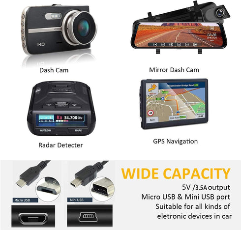 Dosili Dash Cam Charger, USB Power Cord for Dash Camera and GPS, Micro USB & Mini USB Cable