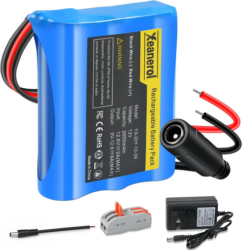 Xeanerol 12V 2600mAh Rechargeable Li-ion Battery Pack with Charger, Bare Leads Wire Replacement
