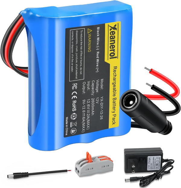 Xeanerol 12V 2600mAh Rechargeable Li-ion Battery Pack with Charger, Bare Leads Wire Replacement