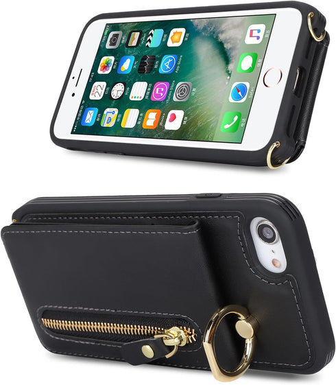 iPhone 7 8 SE (2020) Case with Card Holder, Wallet with Strap, Credit Card Slots Crossbody, Kickstand Zipper Case -
