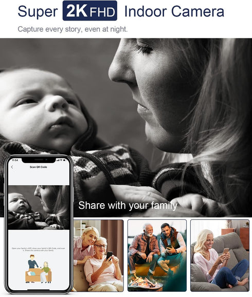 MUBVIEW Cameras for Home Security, 2.4G WiFi 2K Indoor Wired Baby/Pet Camera with Night Vision, 24/7 Record, 2-Way Audio
