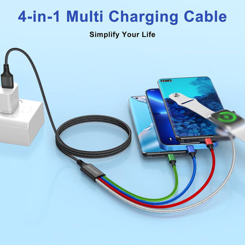 Upgraded Multi Charging Cable for Apple Watch Charger Magnetic Wireless iWatch Charger Nylon Braided USB C/Lightning/Micro Compatible with iWatch Series 9-1/iPhone 15 14/Galaxy Android-4FT