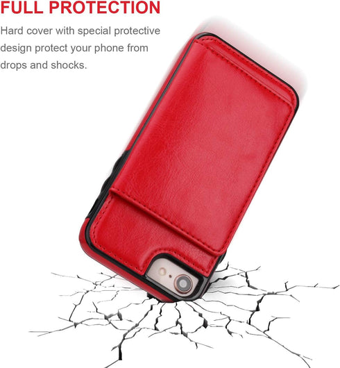 KIHUWEY Wallet Case for iPhone SE, 7/8 - Premium Leather with Credit Card Holder, Durable Shockproof Cover (Red)