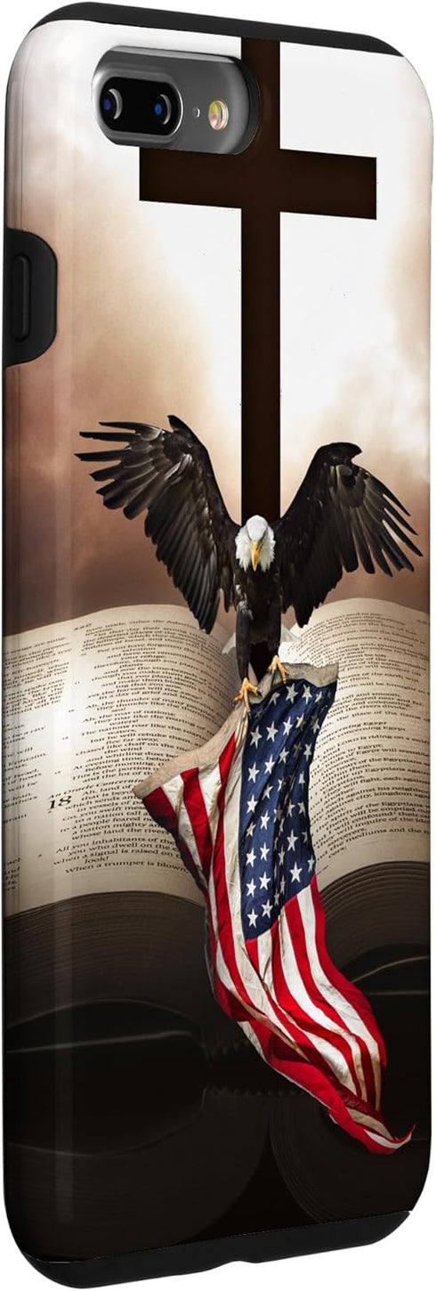 iPhone 7 Plus/8 Plus Grip Case, Pretty Christian Cross Bible with Bald Eagle and American Flag