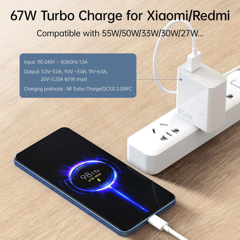 67W for Xiaomi Charger Turbo Fast Wall Block for Xiaomi Mi 14 13 12 12t 12s 10 Pro Lite Redmi Note K60 K50 11 11s 12 Pro Plus Poco F5 X5 F4 X4 Gt Black Shark 3 4 5 Pro 5ft Hypercharge Type C Cable