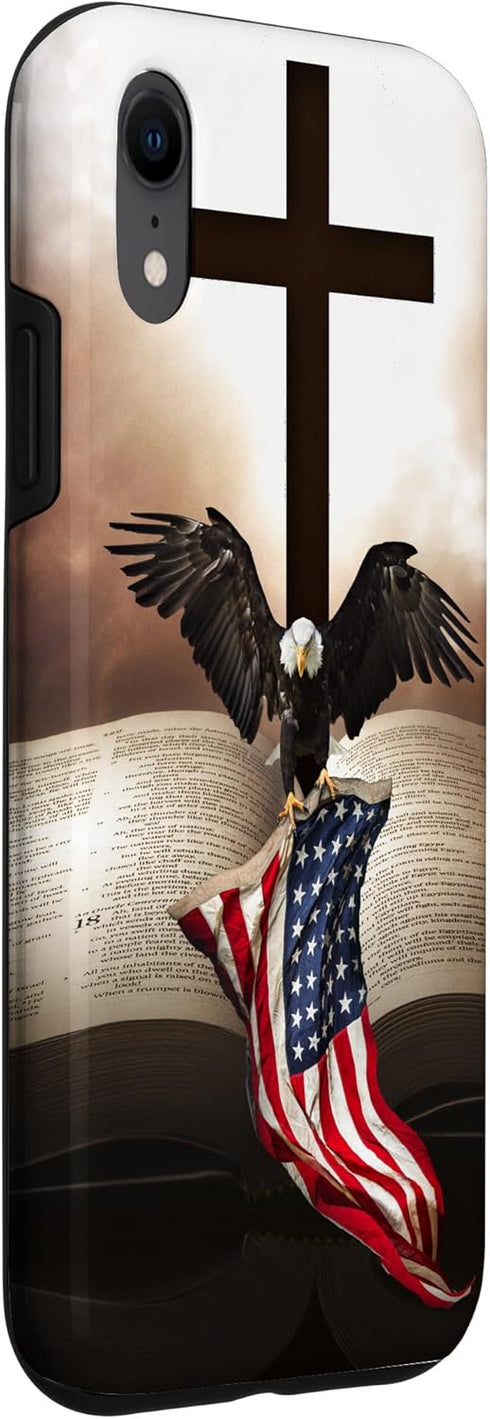 iPhone XR Pretty Christian Cross Bible A Bald Eagle Grip Case with American Flag
