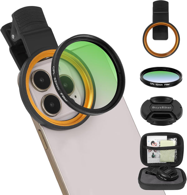 Beysfilter 52MM CPL Filter for Phone, Clip-on Circular Polarizing Lens, HD Multi-Coated Optical