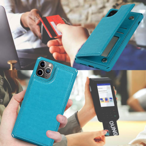iCoverCase iPhone 11 Pro Max Wallet Phone Case, Card Holder, RFID Blocking, Embossed PU Leather, Macaron Blue