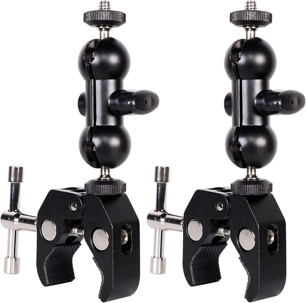 Cool Dual Ball Head Magic Arm Adapter Camera Clamp Mount with 1/4 and 3/8 Thread for DSLR, LED Light, 2 Pack