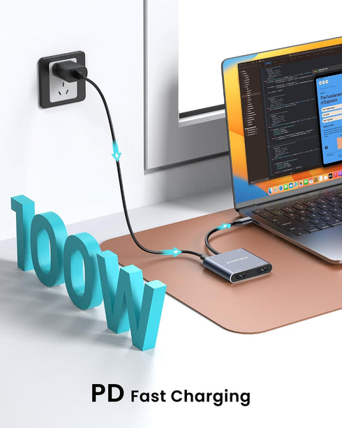 Glomtheia 4K@60Hz 100W 3-Screen USB C to Dual HDMI Adapter, Dual Monitor HDMI Splitter for Extended Display, PD, USB-A