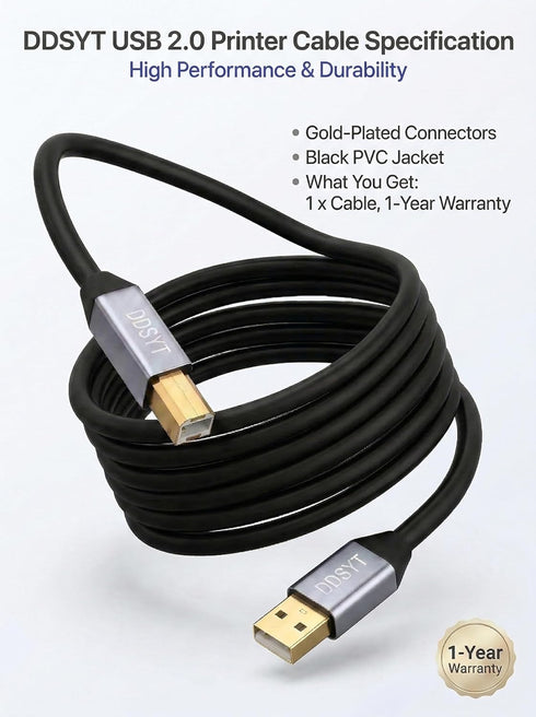 DDSYT 30 2.0 Setup FT USB Printer Cable Gold Plated USB A to B Cord for Long Distance Home Office Compatible with HP