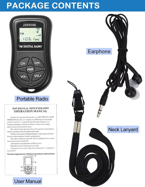 ZHIWHIS Mini Portable FM Radio, Stereo LCD Digital Display Pocket Walkmen Receiver with Earphone, AAA Battery Operated