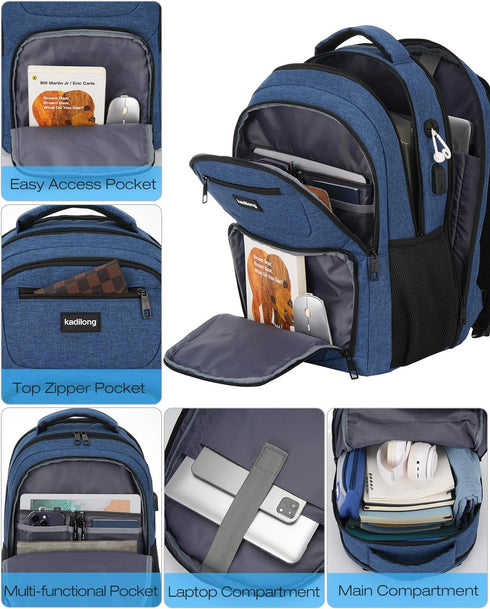 Laptop Backpack for Women & Men, Anti Theft Slim Computer Bag with USB Charging Port, Water Resistant, Blue