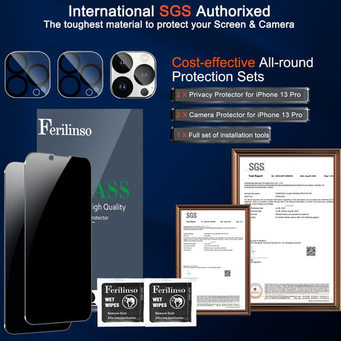 Ferilinso for iPhone 13 Pro Privacy Screen Protector, 2 Pack 9H Anti Spy Tempered Glass with 2 Pack Camera Lens Protector, Case Friendly, Bubble Free, 5G 6.1 Inch, Easy Installation