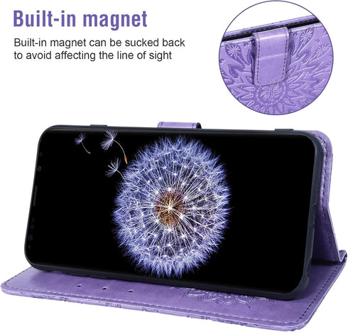 Samsung Galaxy S9 Plus Wallet Case with Tempered Glass Screen Protector, Leather Flip Cover (Purple)