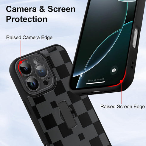 LEOMAKRON 16 for iPhone Pro Case with Finger Strap Kickstand, Cute Checkered Checkerboard Pattern for Women Men, Full