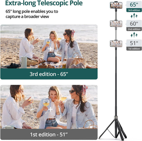 ATUMTEK 65" Selfie Stick Tripod, All in One Extendable Phone Tripod Stand with Bluetooth Remote, 360° Rotation for