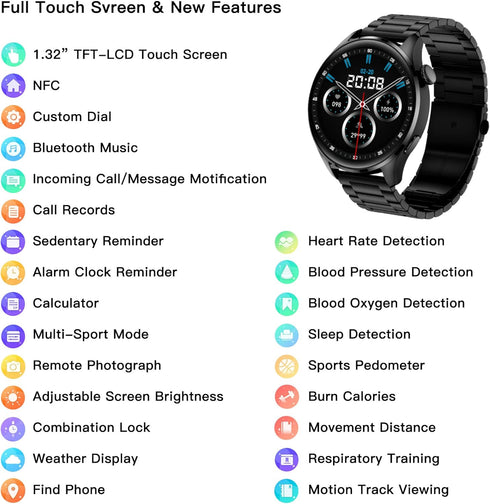 Smart Watch (Call Receive/Dial), 1.32" HD Touch Screen Waterproof SmartWatch for Android iOS Phones, Fitness Tracker