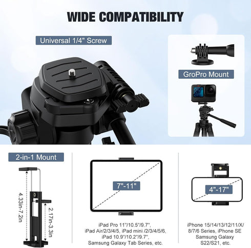 MoKo 70" Camera Tripod for iPad, iPhone, DSLR, SLR, with Travel Bag, Phone Holder, Wireless Remote, and Webcam