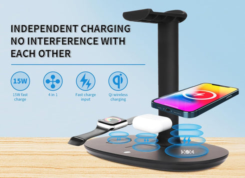 4 in 1 Headphone Stand with 15w Qi Charging Station, Detachable Design for Travel, Home, Hotel