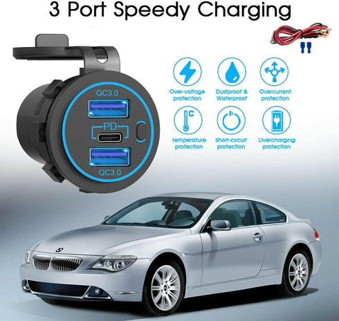 12v usb charger, PD 20W USB-C Power Socket and 18W QC3.0 Socket Waterproof Power Outlet 12V/24V with Power Switch 12V USB C Outlet for Car Golf Cart Boat Marine Bus Truck RV Marine Motorcycle etc.