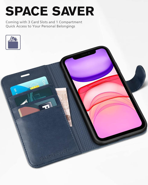 TUCCH Case Wallet for iPhone 11, PU Leather Flip Folio Case with Shockproof TPU Inner Shell, RFID Blocking, Dark Blue