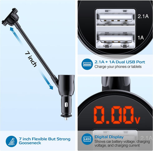 SOAIY 3-in-1 Cigarette Lighter Car Mount - Dual USB 3.1A Charger with Adjustable Gooseneck & 360° Rotating Cradle