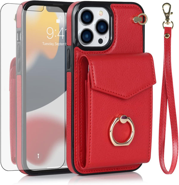 Asuwish Red Wallet Cover for iPhone 13 Pro Max 2021 6.7 inch, with Tempered Glass Screen Protector and RFID Ring Card