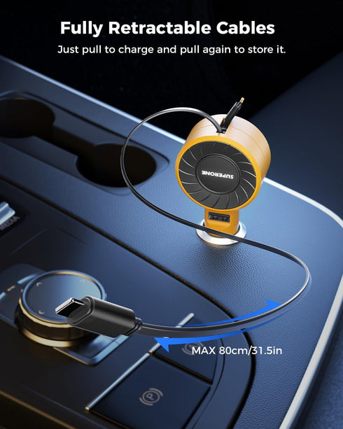 SUPERONE 3-in-1 Car Charger with Retractable Cords, USB C Charger Adapter for iPhone 15/14/13/12/11 Pro Max, Samsung