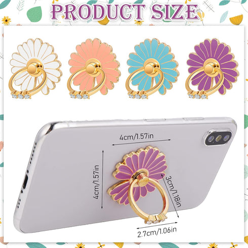Cute Daisy Finger Kickstands, 4 Pcs Metal Round 180°/360° Rotation Cell Phone Ring Holders with Knob Loop