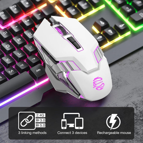 White Bluetooth Mouse, Rechargeable USB Wireless Dual Mode with RGB Light, Ergonomic for Laptop, MacBook