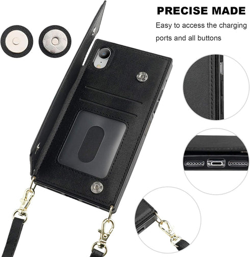 Bocasal Crossbody Wallet Case for iPhone Xr, Credit Card Holder, PU Leather Kickstand, Shockproof Detachable Strap